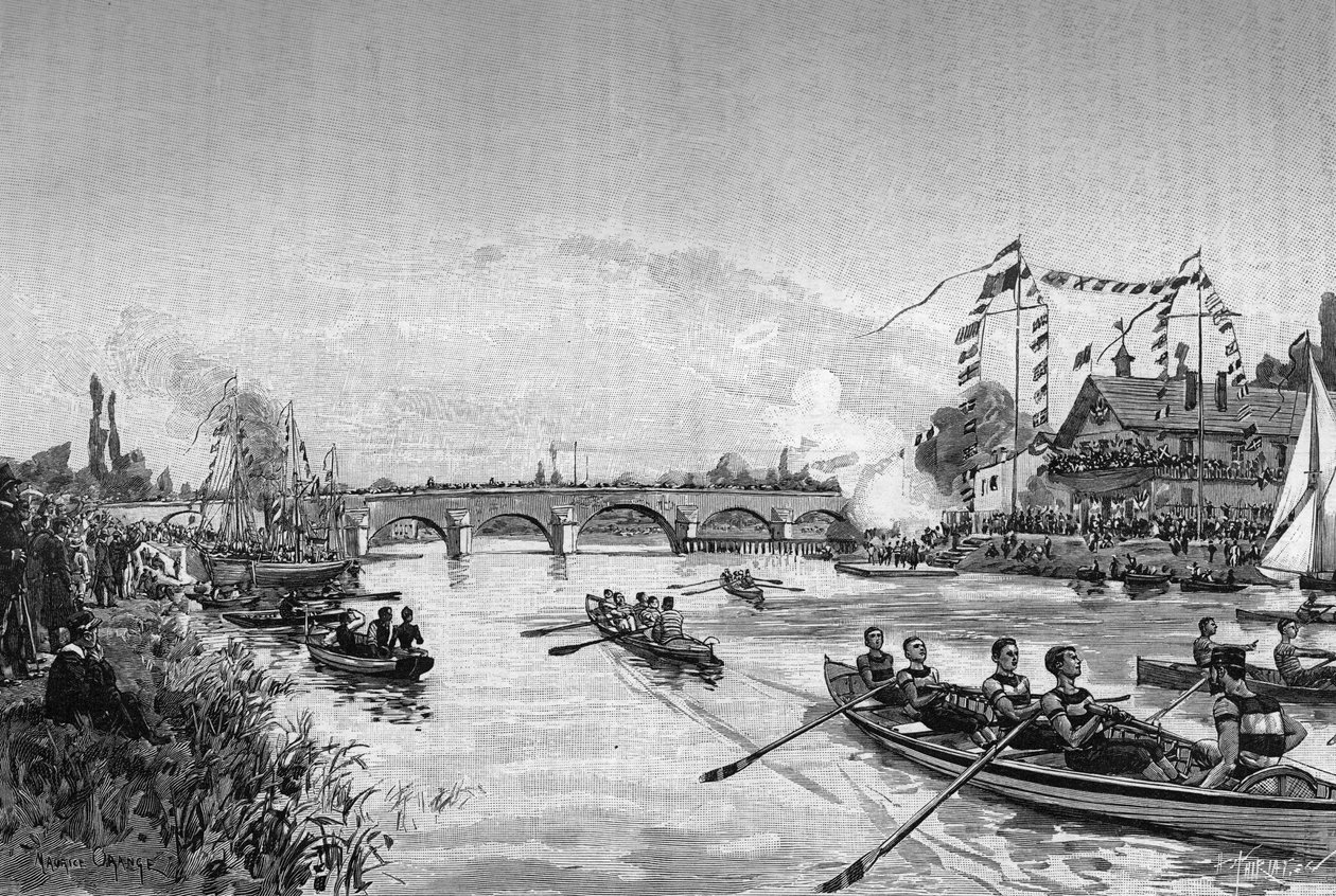 Školní regaty v Joinville le Pont (Joinville-le-Pont), Ile de France. Rytina do „“ The Journal of Youth ““ od Unknown artist
