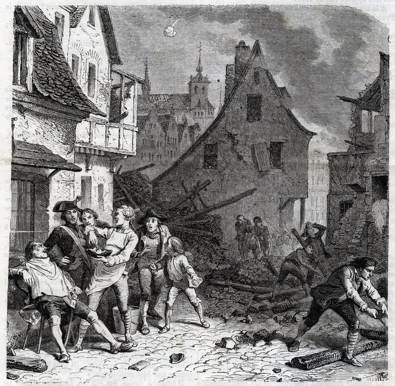 Miska na holení z Lille. Epizoda z obléhání Lille v roce 1792 během francouzských revolučních válek - Le siege de Lille en octobre 1792 - Revolution francaise - Bombardování Rakušany a Prusy - Barber používá půl bomby jako misku na vousy - engr od Unknown artist