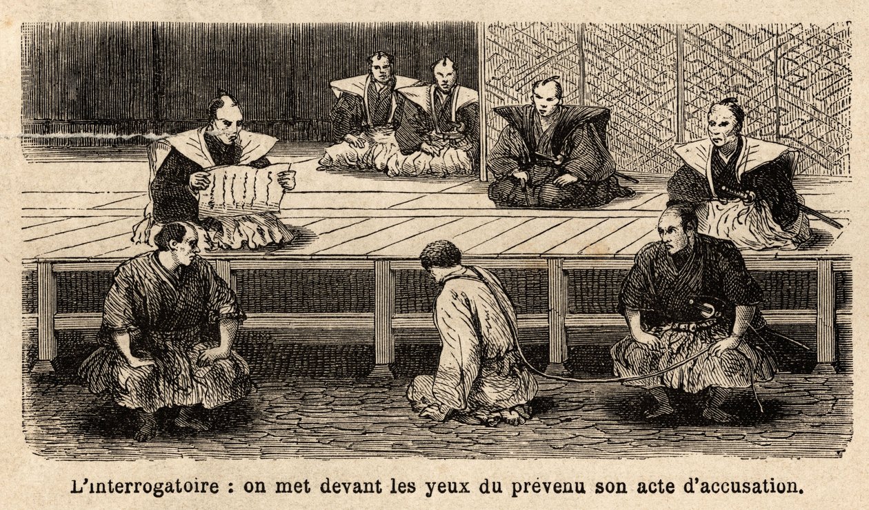 Fáze spravedlnosti: výslech, čtení obžaloby obžalovanému, který stojí před svými soudci, kolena, krk držený provazem, který drží stráž. Rytina pro ilustraci plavby do Japonska v letech 1863-1864 od Aime Humberta, švýcarského ministra od Unknown artist
