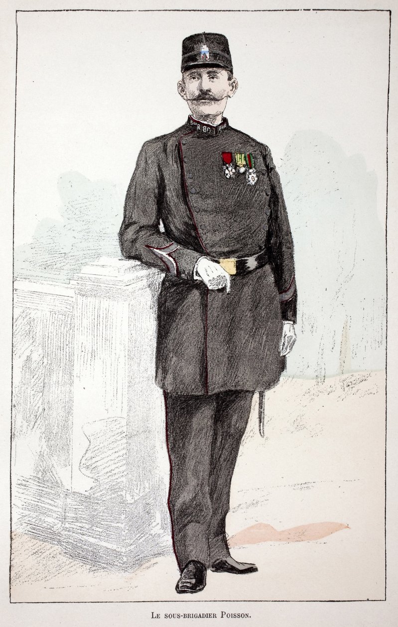 Sub-brigadýr (sub-brigadýr) Poisson. Eau forte en couleurs, pour ilustraci “” Histoire du corps des gardiens de la paix””” kniha vydaná pod záštitou Louis Lepine (1846-1933) prefet de police de la Seine, Alfred Rey (1864-?) a Louis od Unknown artist