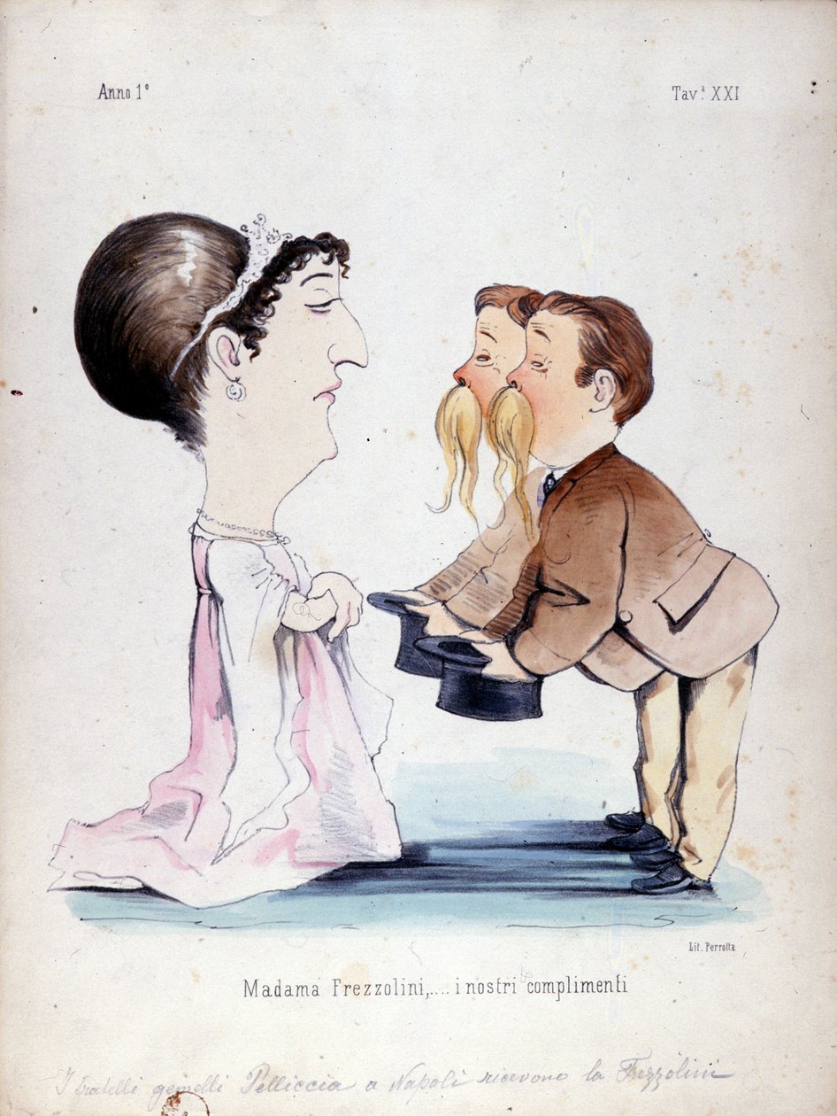 Dvojčata Pelliccia přijala Erminia Frezzolini, italskou sopranistku (1818-1884). Kreslený film z 19. století. od Unknown artist