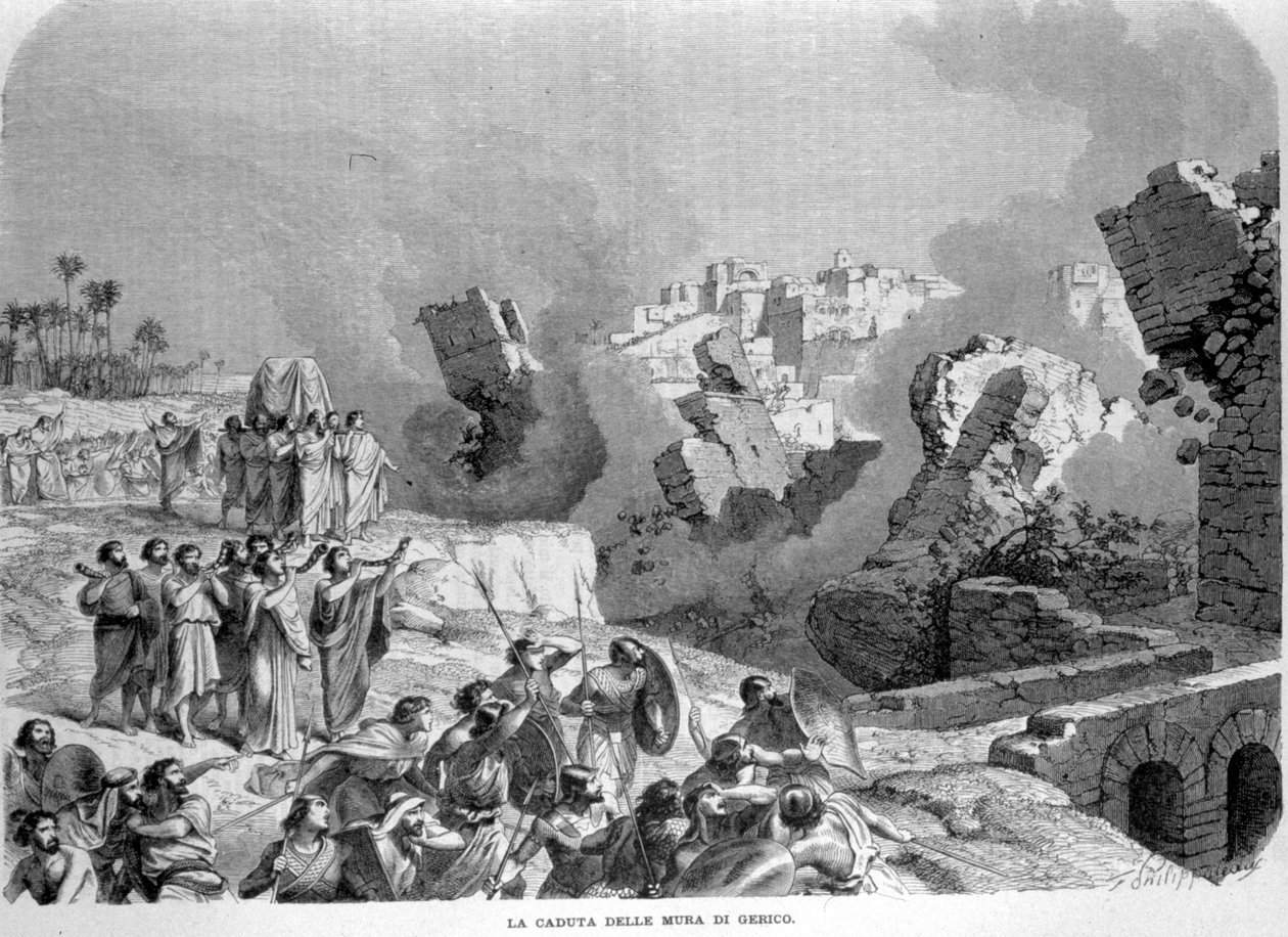 Hradby Jericha se zhroutily za zvuku Ozeášových trubek, což umožnilo Hebrejcům se jich zmocnit. Kniha Jozue. Rytina 19. století. od Unknown artist