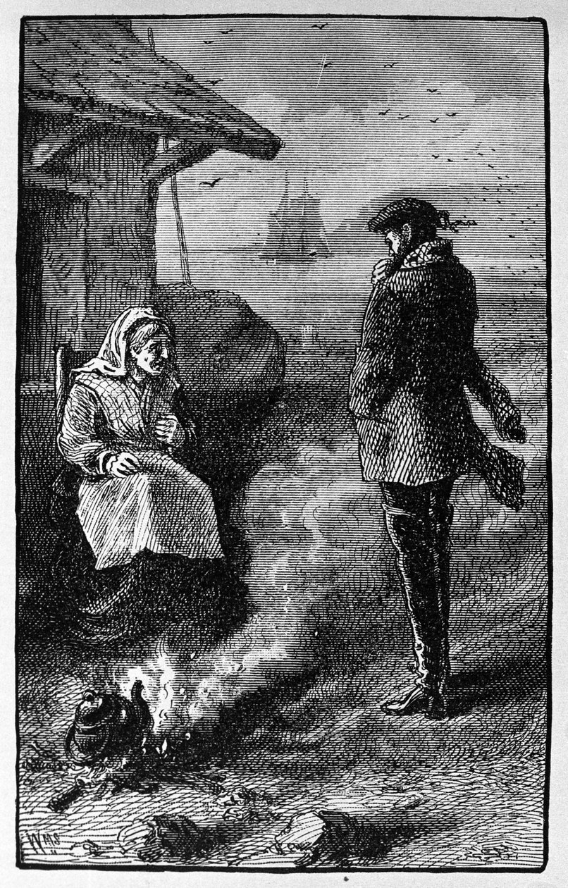 Čarodějnice Bessie Millie, žijící na ostrově Pomona (Orkneje), prodává pytle s větry příznivými pro námořníky. Ilustrace příběhu Waltera Scotta z roku 1814. Rytina 19. století od Unknown artist