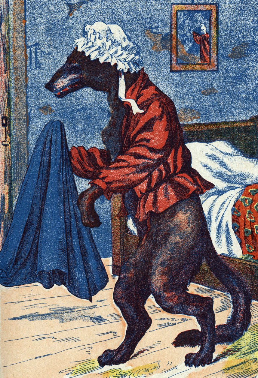 Vlk oblékne babiččin oděv. Anonymní ilustrace k „Červené karkulce“, příběhu Charlese Perraulta (1628-1703), francouzského spisovatele. Snímky Marcel Vagne, Jarville Nancy, nedatováno (konec 19. století). od Unknown artist