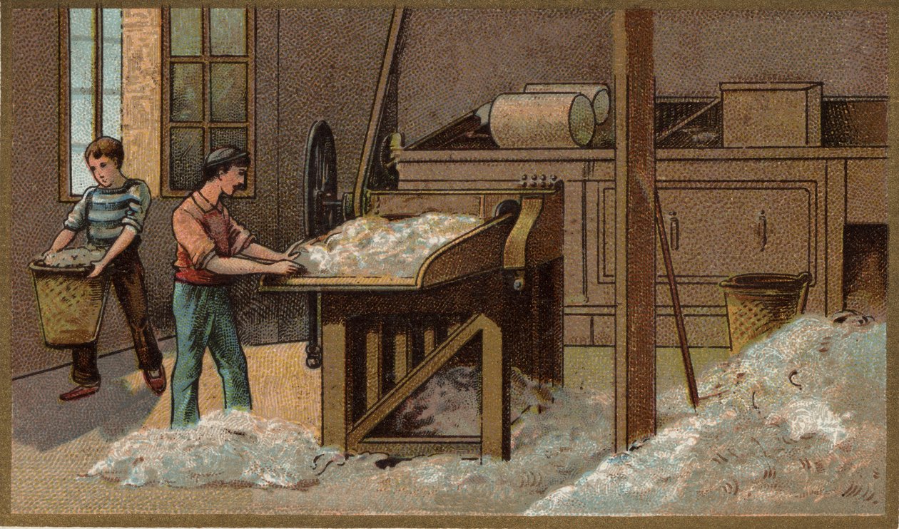Vlněný průmysl: mlácení. Chromolitografie konce 19. století od Unknown artist