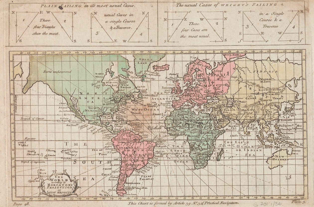 Svět podle Mercatorovy projekce nebo projekce Eda Wrighta, asi 1730 (rytina) od Unknown artist