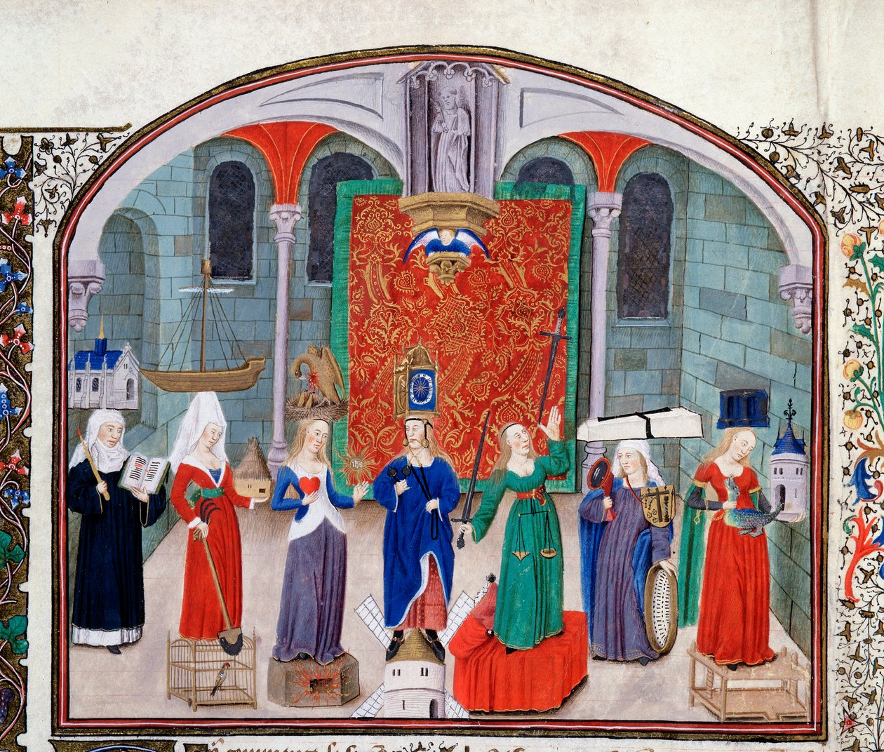 Teorie teologických a kardinálních ctností. Miniatura z rukopisu (Ms 927 fol.17V) „“Komentář k politické a ekonomické etice““ řeckého filozofa Aristotela (383-322 př. n. l.) přeložil Nicolas Oresme (1325-1382) od Unknown artist