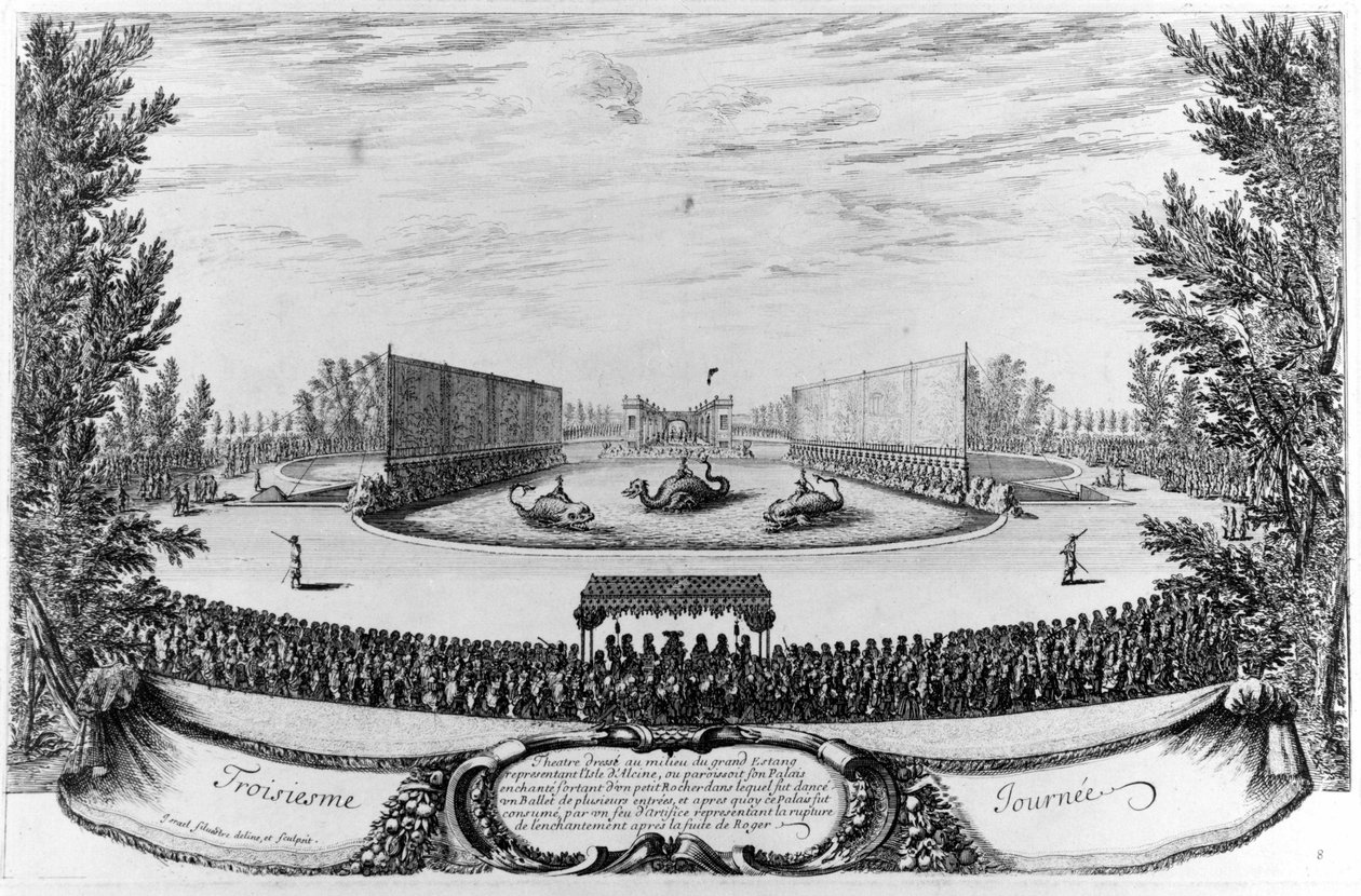 Třetí den: divadlo postavené uprostřed Velkého rybníka, představující ostrov Alcine... Rytina 1676. od Unknown artist