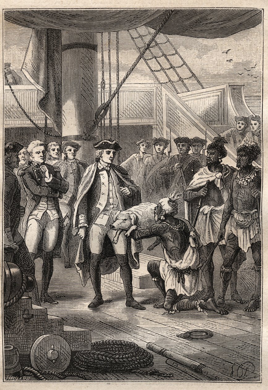 Třetí plavba (1776-1779) od kapitána Jamese Cooka (1728-1779): Kněz Koah nabízí Cookovi na palubě lodi Resolution (Hawaii) malé prase - ilustrace z „The Great Mariners of the 18th century“ od Unknown artist