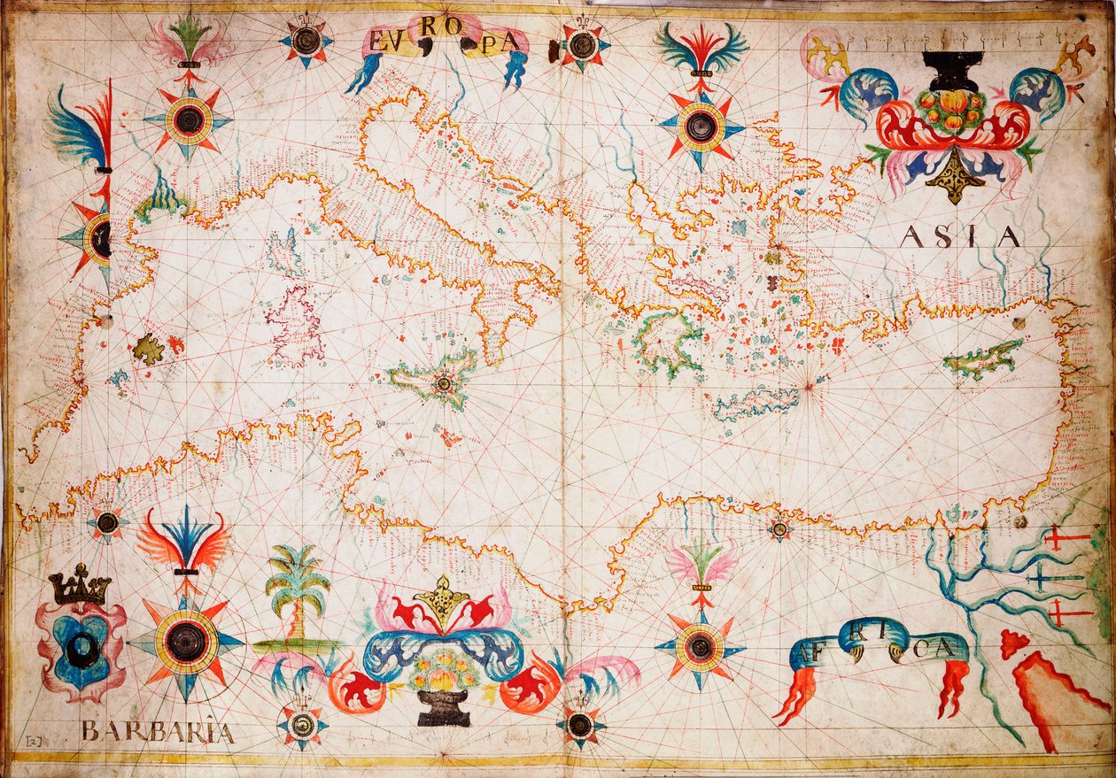 Tento typ rané pergamenové námořní mapy vznikl ve Středomoří ve 13. století, cca 1610 (rukopis). od Unknown artist