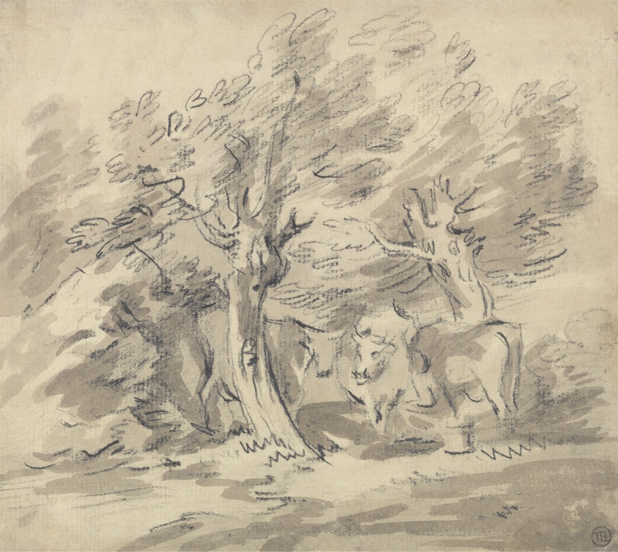 Tři krávy stojící pod skupinou stromů od Unknown artist
