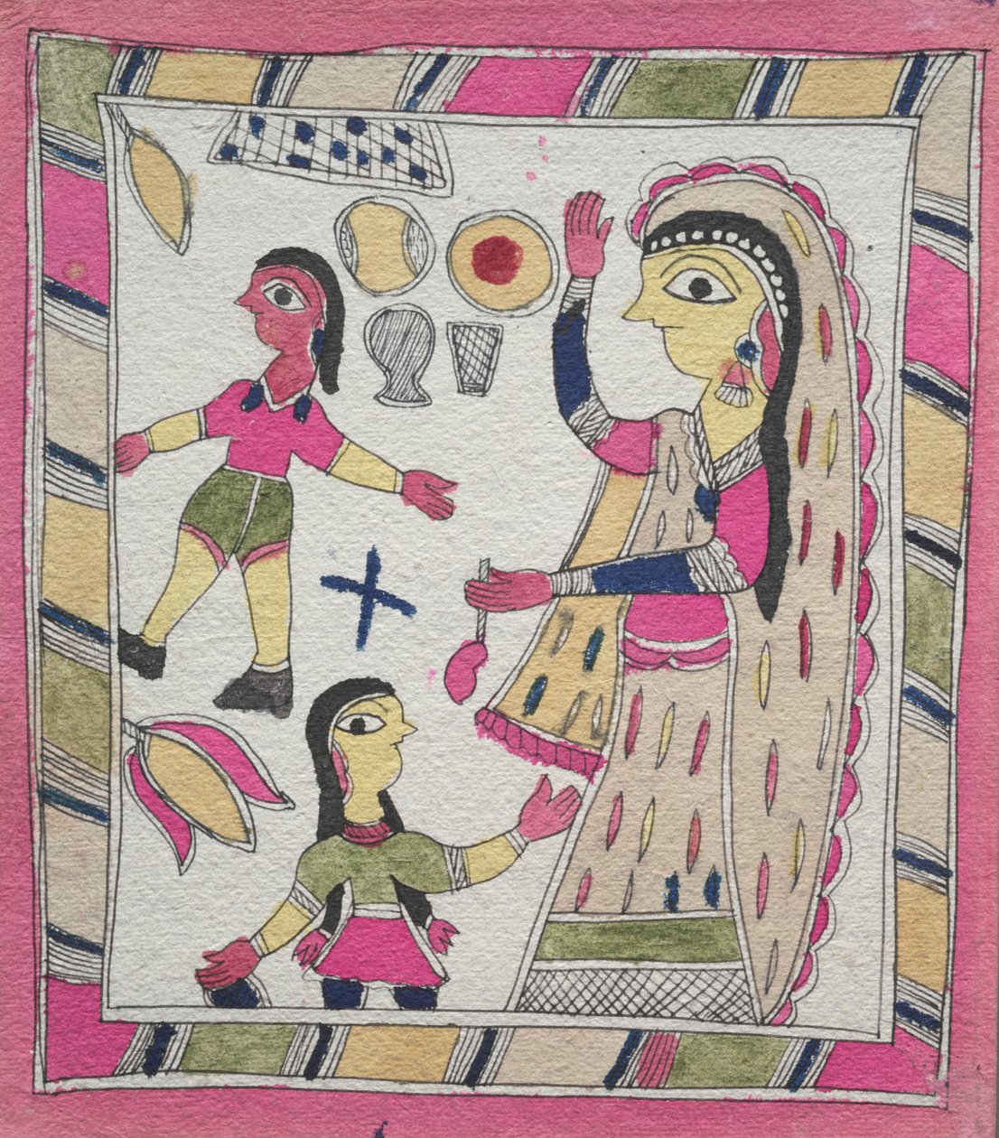 Tři postavy: žena se dvěma dětmi hrají míč od Unknown artist