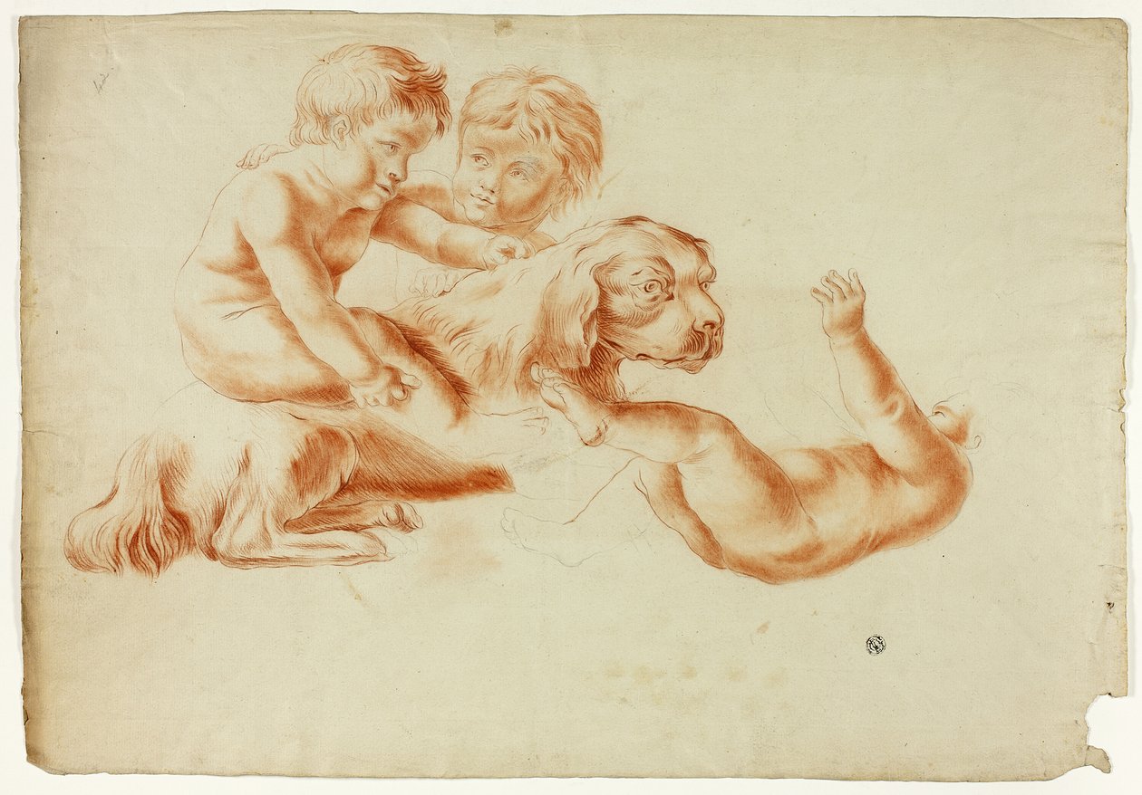 Tři putti hrající si se psem od Unknown artist