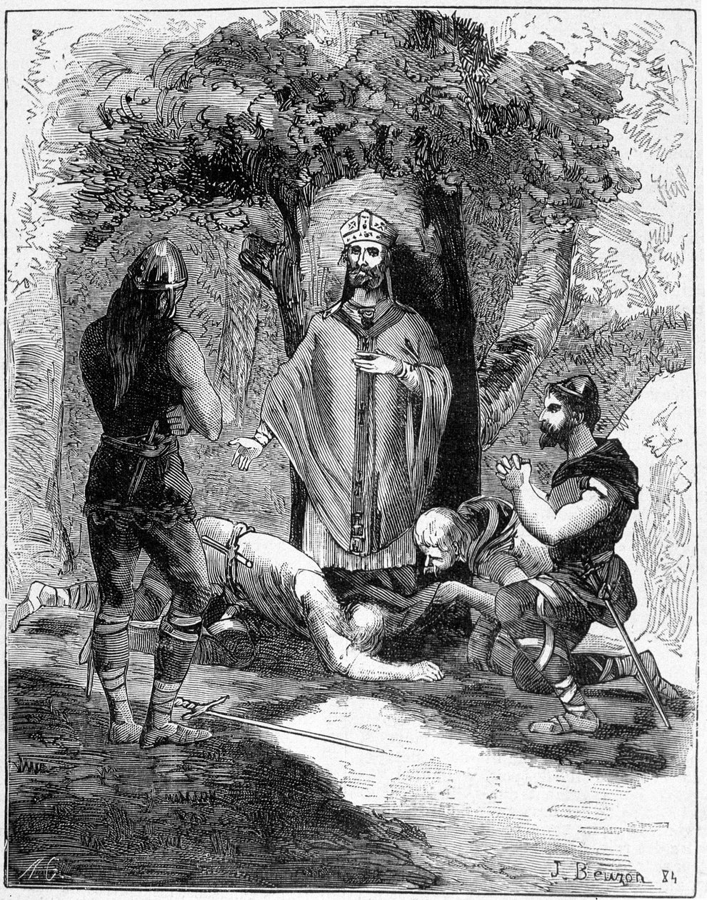 Tři z popravců svatého Legera (616-677) se mu vrhli k nohám, aby požádali o odpuštění. Rytina 19. století. od Unknown artist