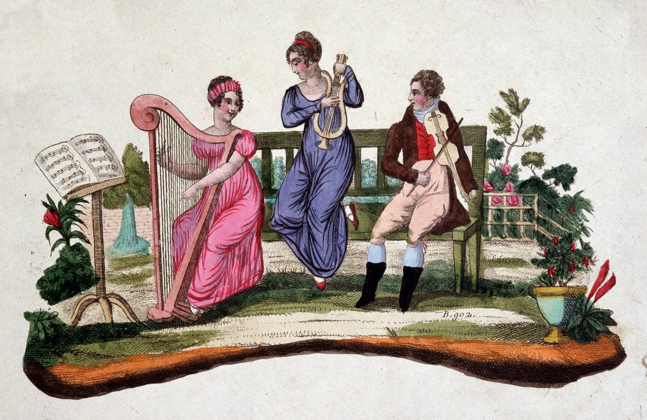 Tři lidé hrající na hudební nástroje v zahradě: harfa, lyra, viola. Lept sd. 18. století. od Unknown artist