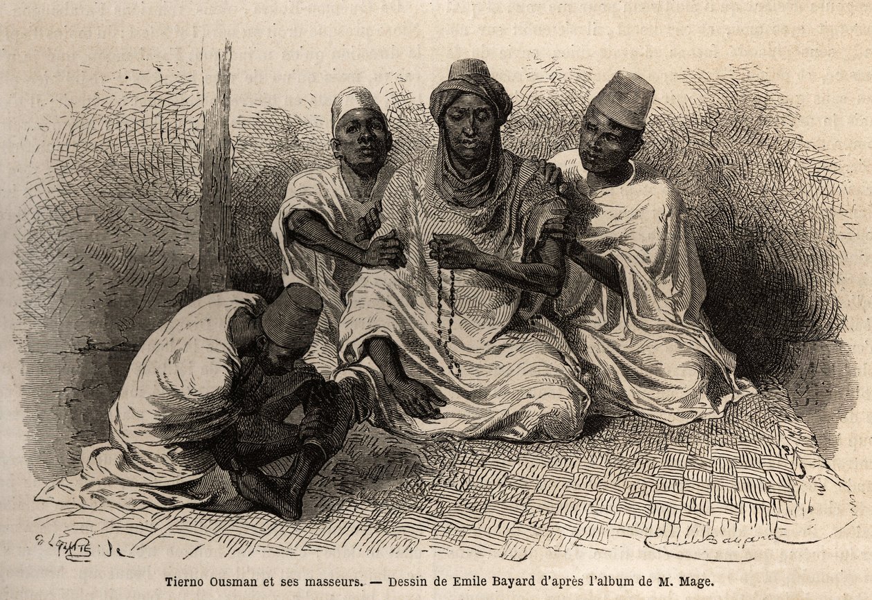 Tierno Ousman z kmene Toucouleur, hlava vesnice Guemmou Koura (Mali), drží muslimský růženec s velkými zrny, odříkává své modlitby, zatímco mu maséři masírují záda a nohy. Rytina pro ilustraci plavby do západního Súdánu Lieute od Unknown artist
