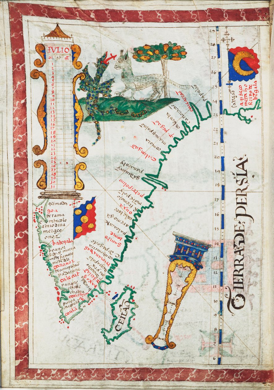 Tierra de Persia", měřítko: cca 1:13 500 000, s vyznačením dalších míst Jižní Indie a Srí Lanky, cca 1550-60 (pergamen) od Unknown artist