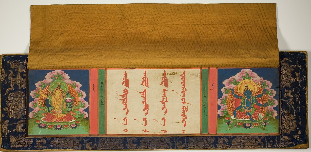 Titulní strana a přední strana buddhistického rukopisu s Mandžusri (vlevo) a Mantramanudharani, bohyní Pančarakšou (vpravo) od Unknown artist