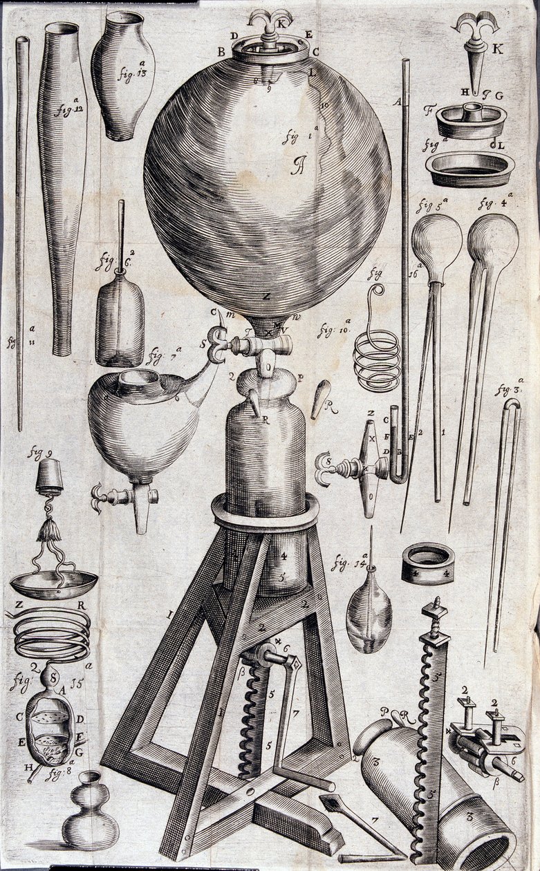 Nástroje pro vědecké experimenty – v „Nova experimenta physico-mechanica de vi aeris elastica, et ejusdem effectibus, facta maximam partem in nova machina pneumatica““ od Roberta Boyla od Unknown artist