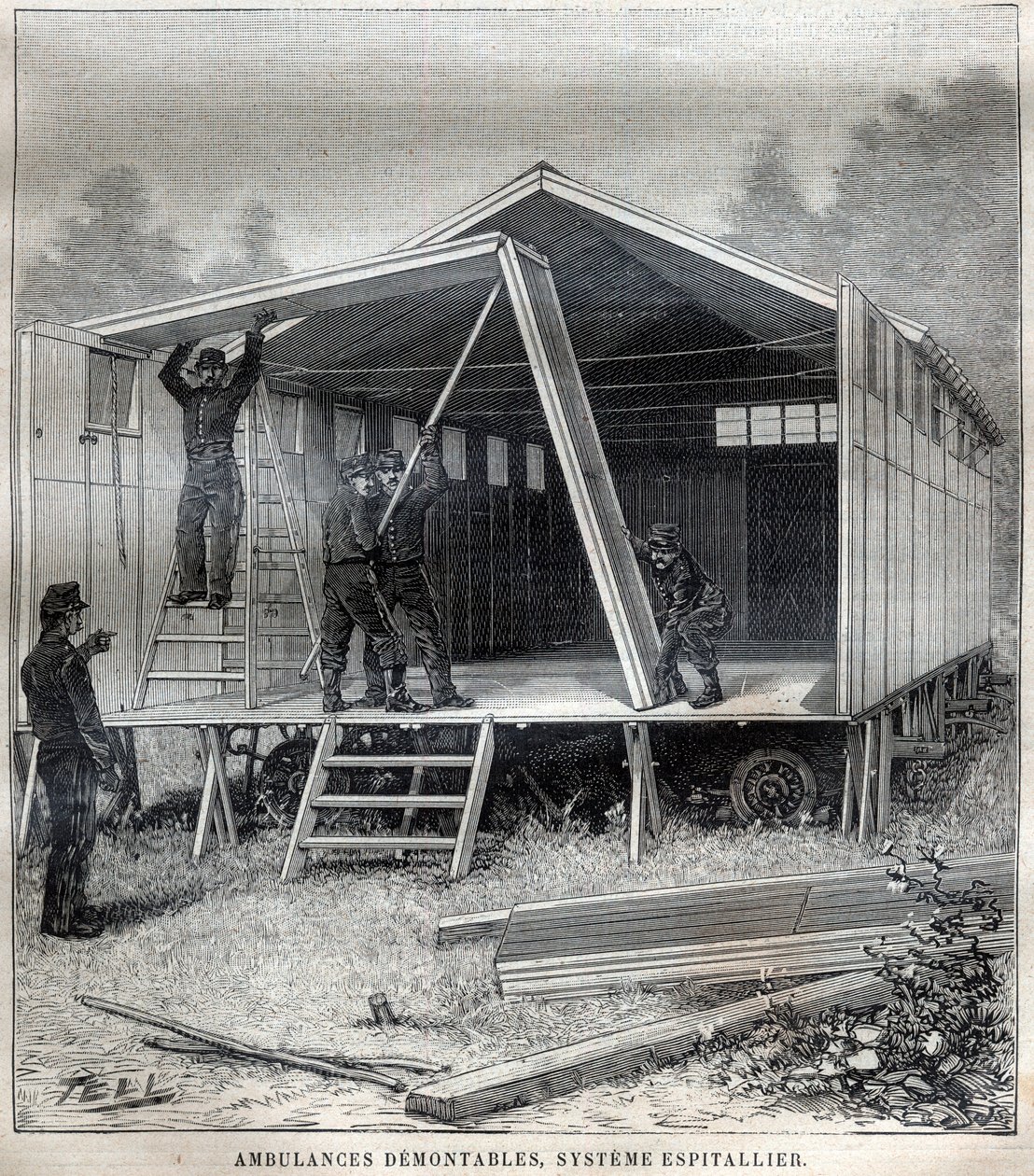 Přenosné kartonové konstrukce: sanitky demontovatelné, systém vynalezený velitelem Espitallierem - Gravírování v „“La Science francaise““ od Unknown artist