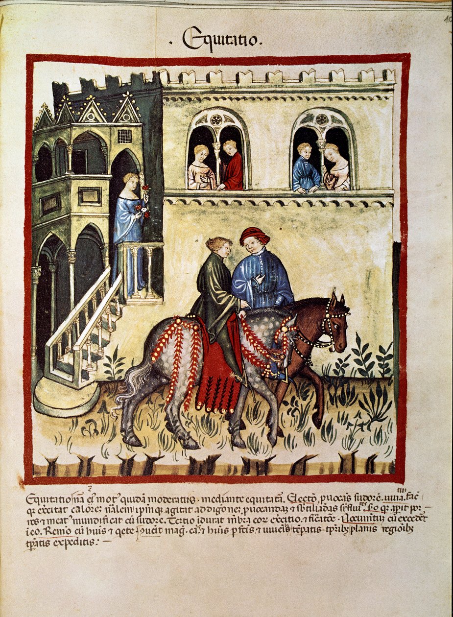Léčit medicínu: „“výhody jízdy na koni““ Stránka převzata z „“Tacuinum sanitatis““ (Cod. ser. nov. 2644) Kolem roku 1400 Vídeň, Osterreichische Nationalbibliothek od Unknown artist