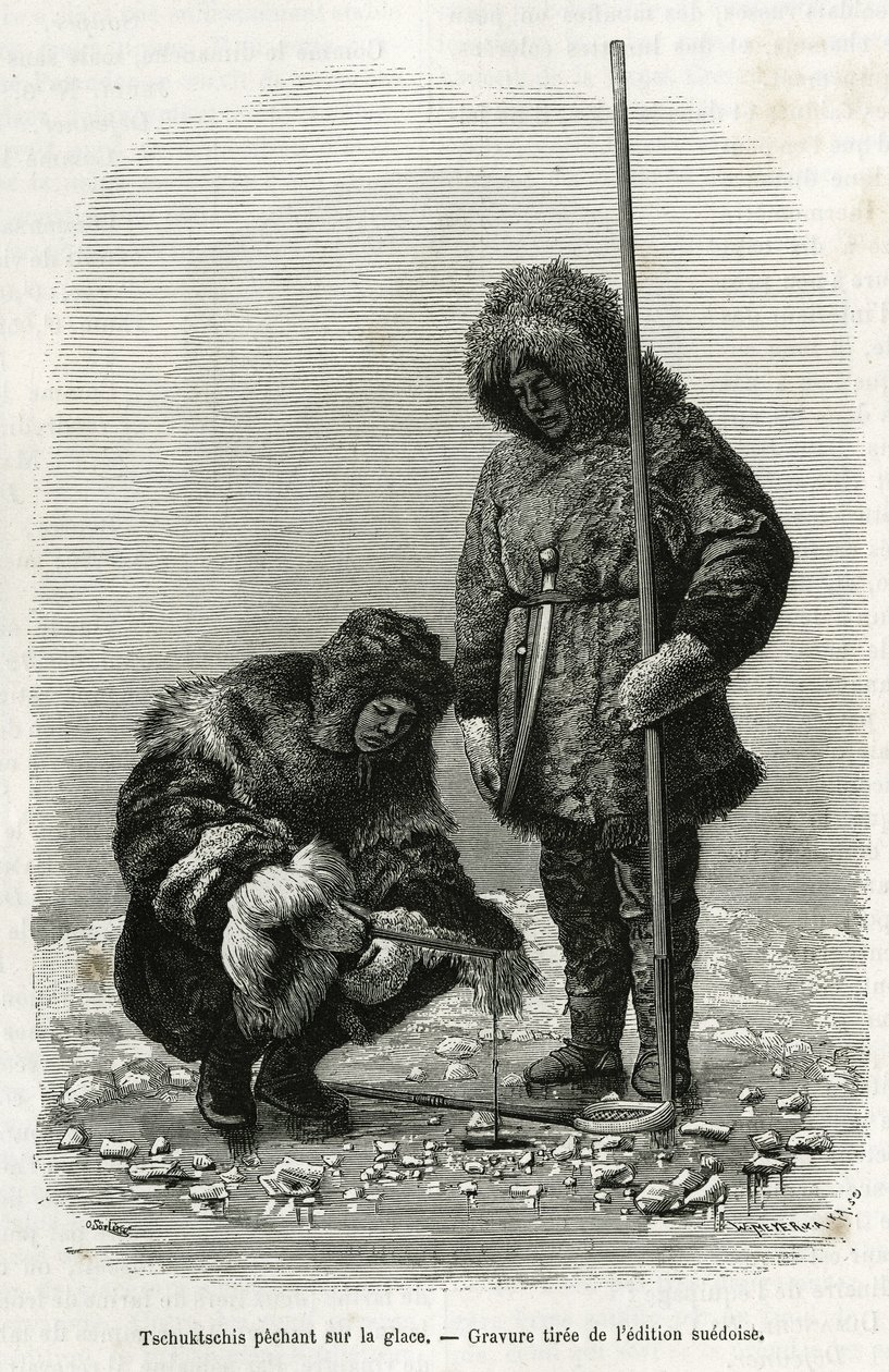 Tschuktschis rybaření na ledu v Koljutschin Bay (polární kruh). Rytina ze švédského vydání pro ilustraci příběhu „“ Voyage de la Vega kolem Asie a Evropy“ od Nilse Adolfa Erika (Erica) Barona Nordenskjolda (Nordenskiold) (1832-1901), v letech 1878-1880 od Unknown artist