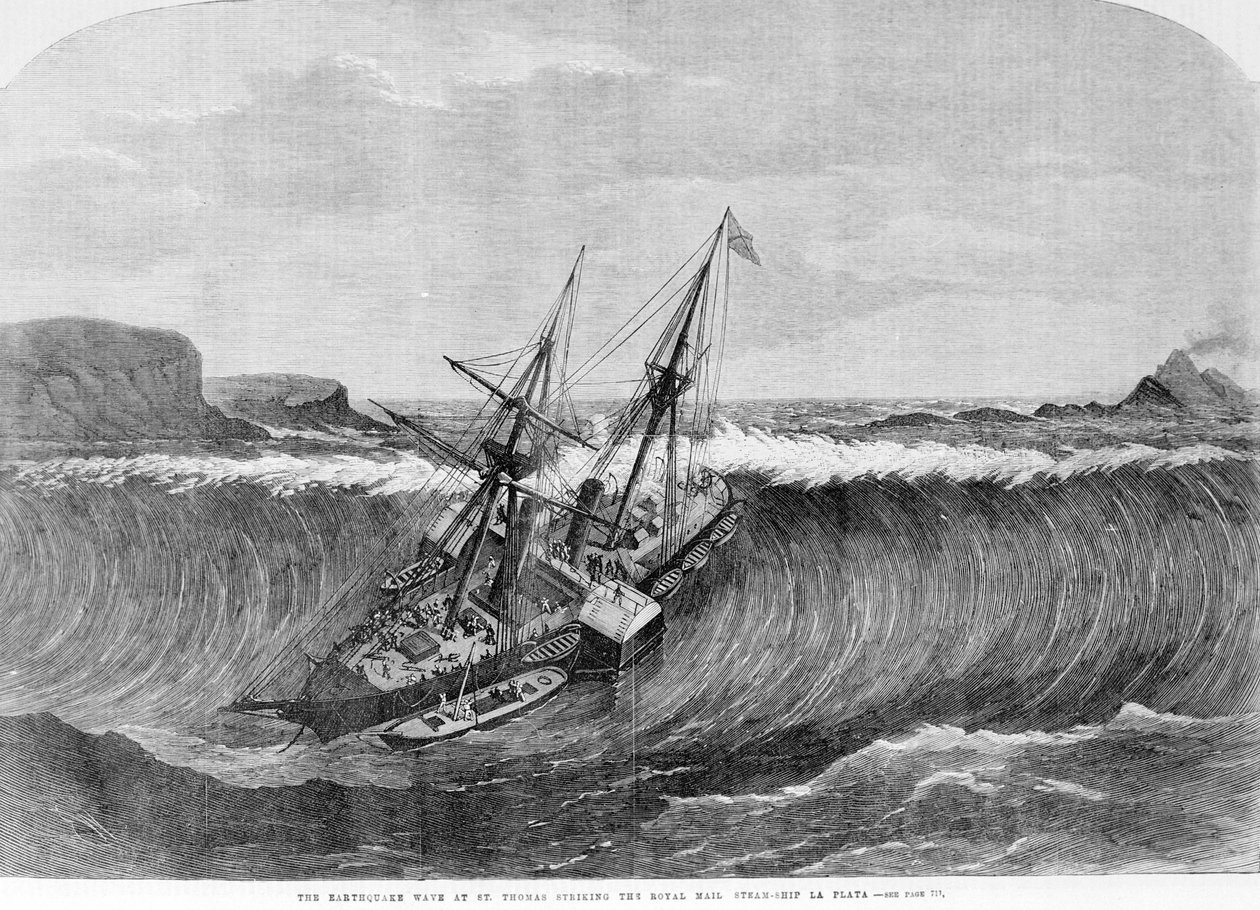 Tsunami 1867. Zemětřesení v Saint Thomas způsobilo velké vlny, které v roce 1867 zasáhly parník „La Plata“. od Unknown artist