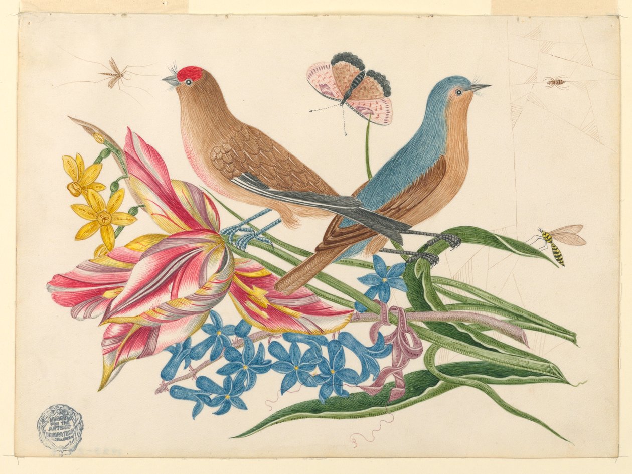 Dva ptáci na větvi tulipánů s hmyzem od Unknown artist