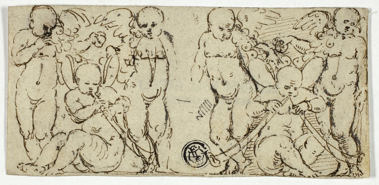Dvě dekorativní skupiny putti s trubkami a ovocem od Unknown artist