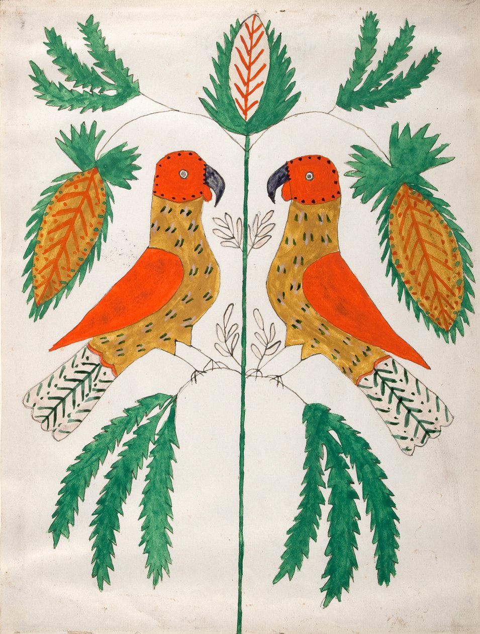 Dva červení a žlutí papoušci proti sobě (zelené listy) od Unknown artist