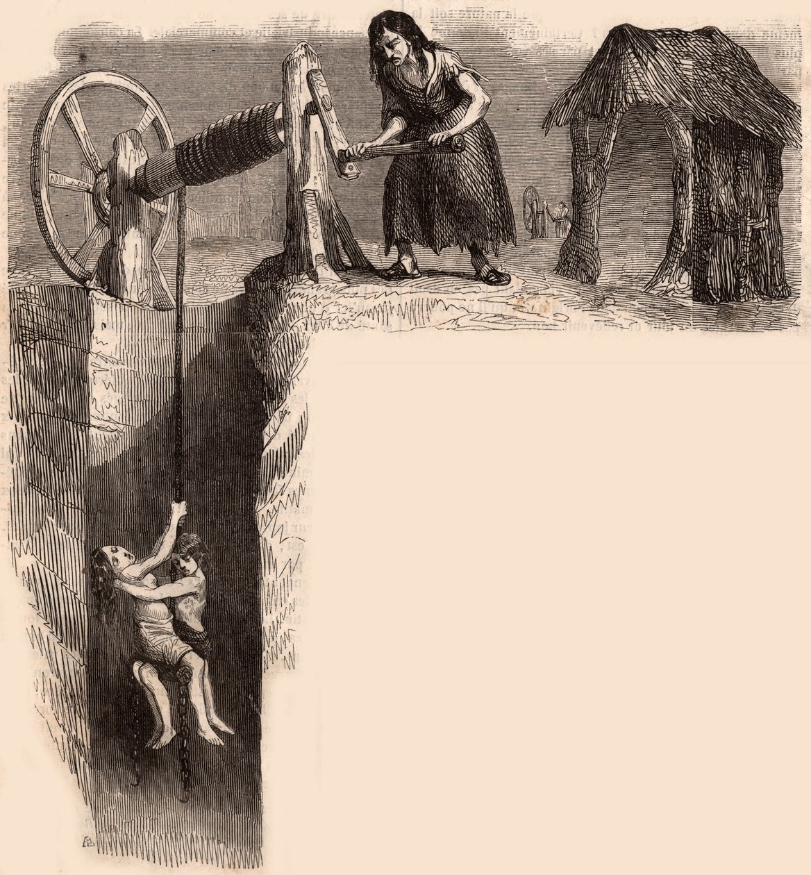 Dvě vyčerpané děti vynesené z anglického uhelného dolu ženou s navijákem (rytina) od Unknown artist