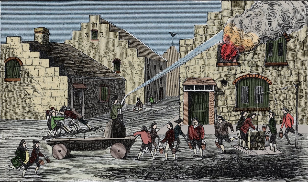 Použití požárního čerpadla k uhašení požáru. 1733 rytina. od Unknown artist