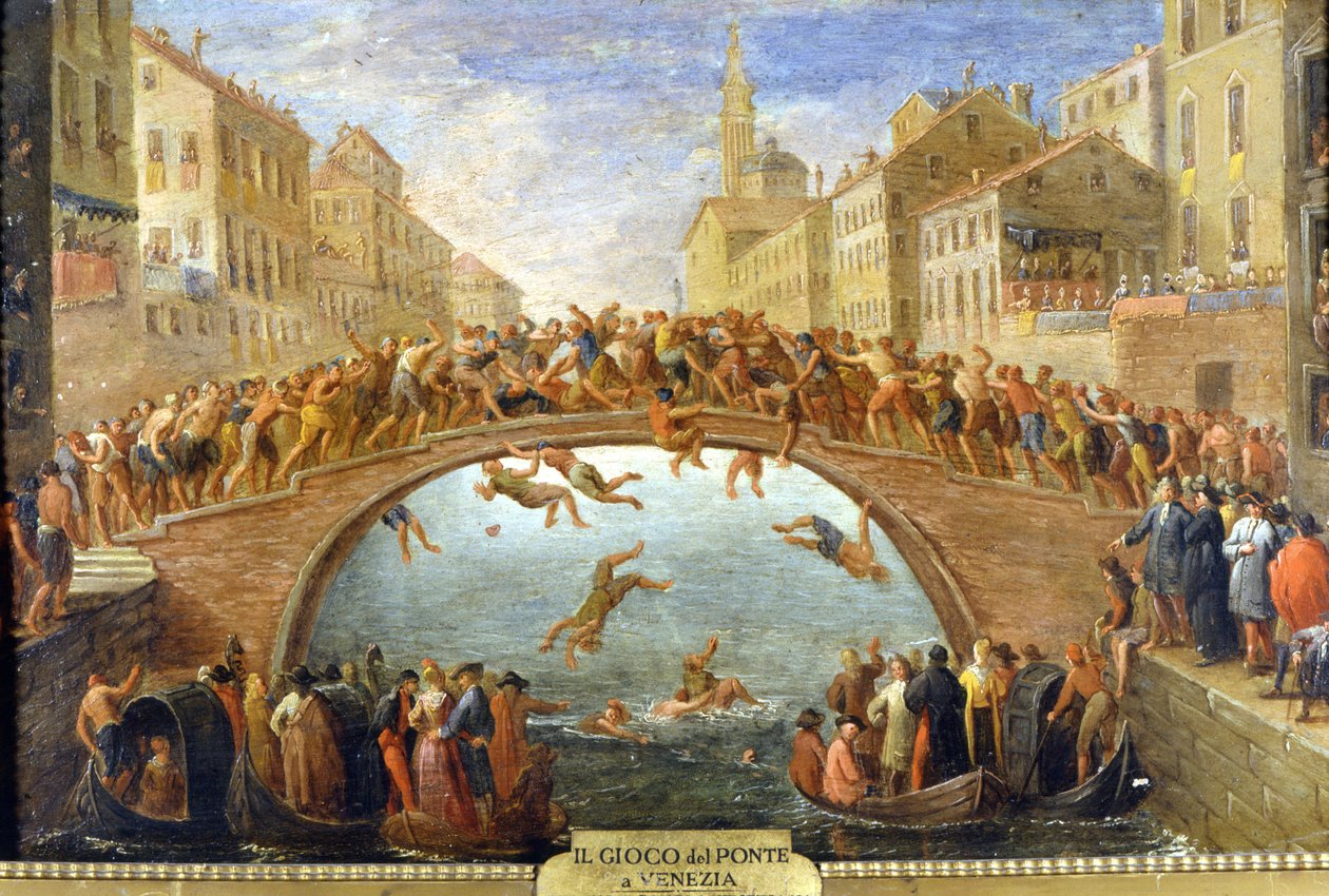 Benátky, hra o most. Anonymní malování. 18. století. Soukromá sb. od Unknown artist