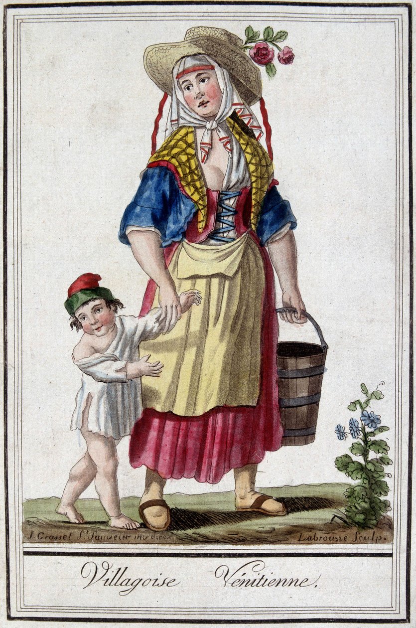 Benátská vesnice se svým synem. 18. století rytina. od Unknown artist