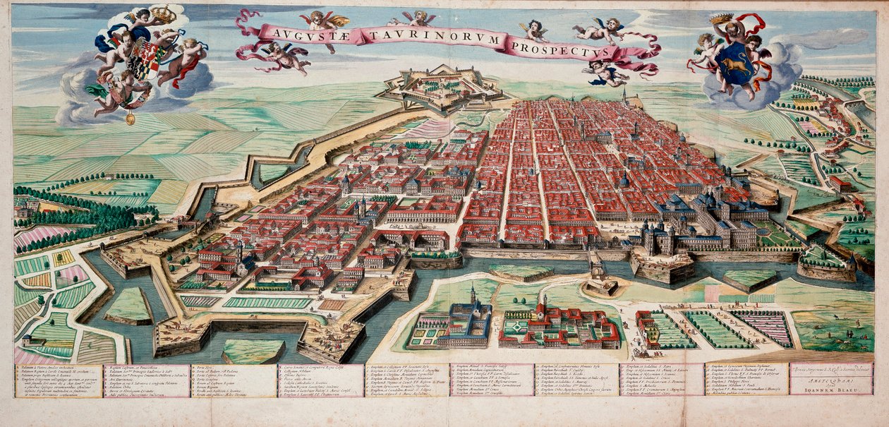 Pohled a mapa města Turín (Torino piemonte) v barevném tisku z roku 1700. od Unknown artist