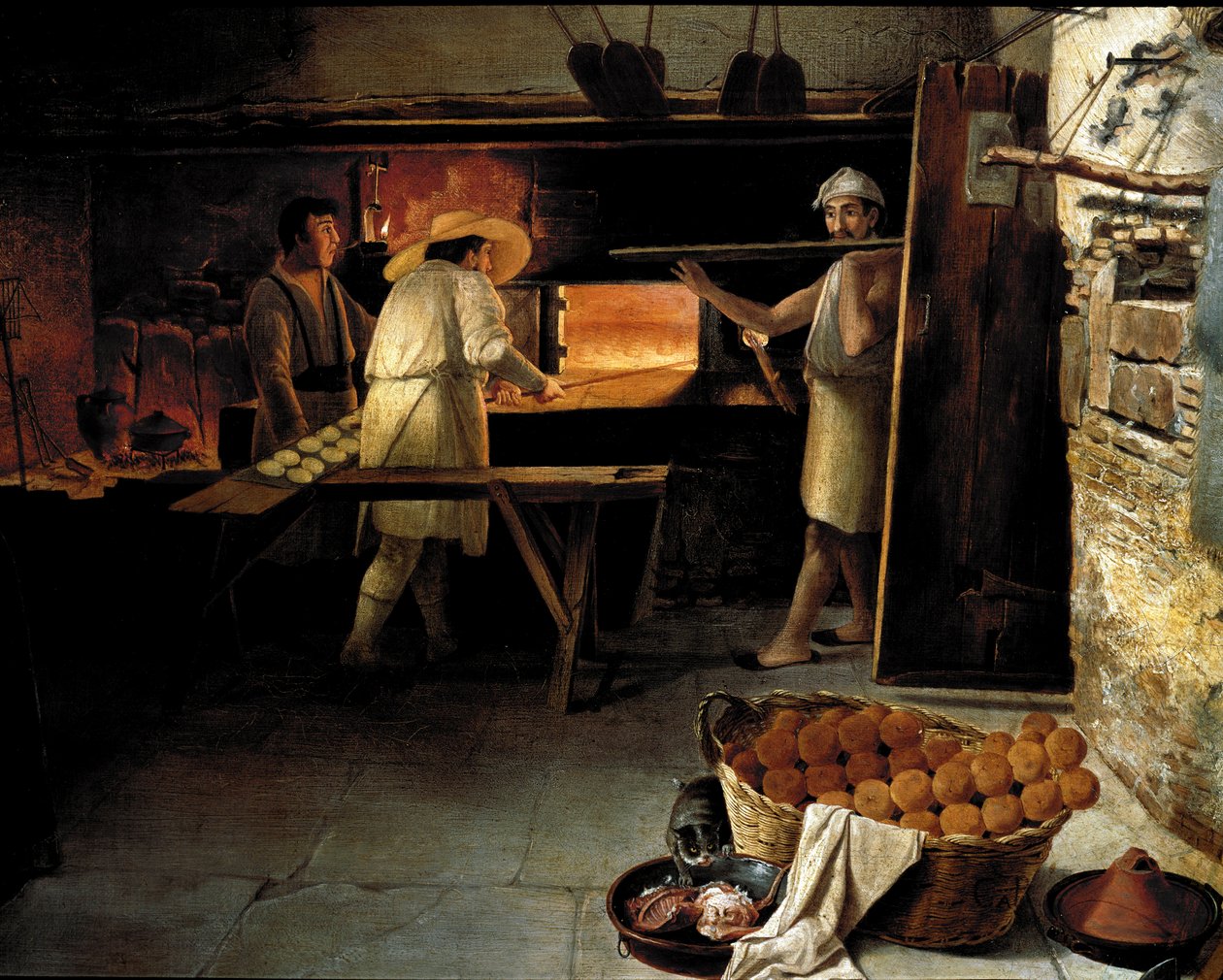 Pohled zevnitř pekárny Pekaři pečou chleba v troubě. Anonymní obraz 18. století. Řím, Museo del Folklore od Unknown artist