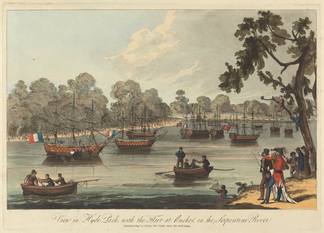 Pohled v Hyde Parku s flotilou v Anchor na Serpentine River, 12. srpna 1814 od Unknown artist