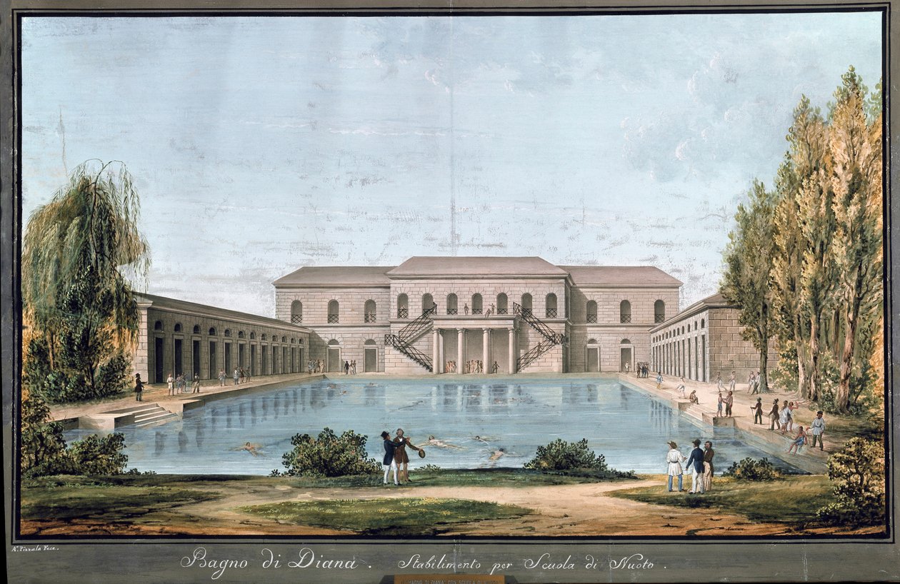 Pohled na lázně Diana, první italské koupaliště, v Miláně (malba od Unknown artist