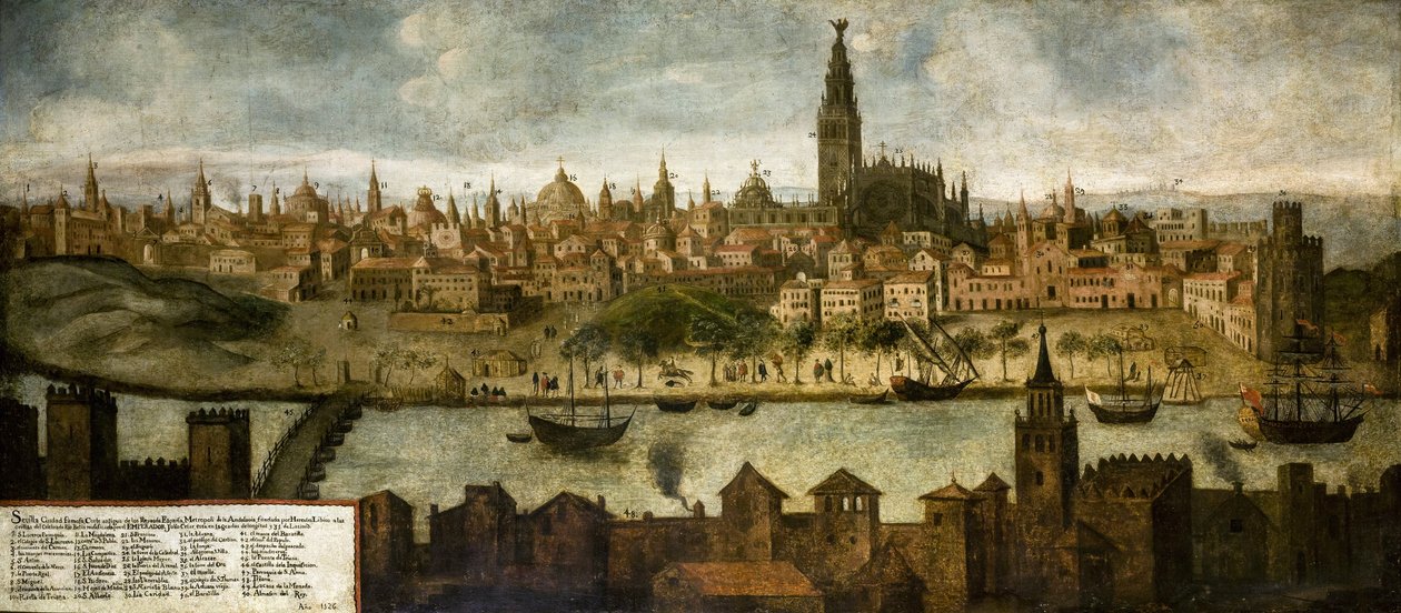 Pohled na Hispalis (Sevilla), Anonym. Olej na plátně, rozměr: 108x242 od Unknown artist