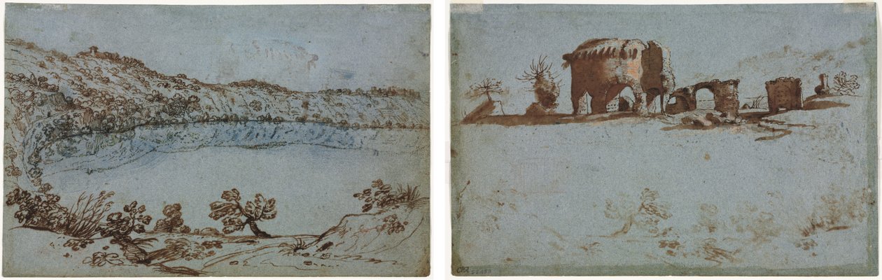 Pohled na jezero Nemi (recto) Malá skupina římských ruin (verze) od Unknown artist