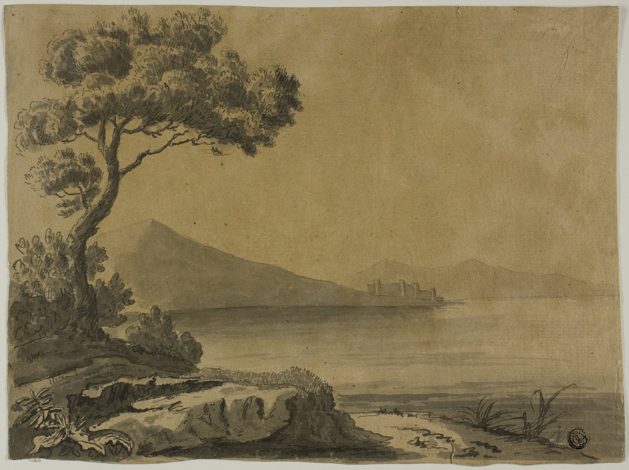 Pohled na jezero s velkými stromy v popředí od Unknown artist