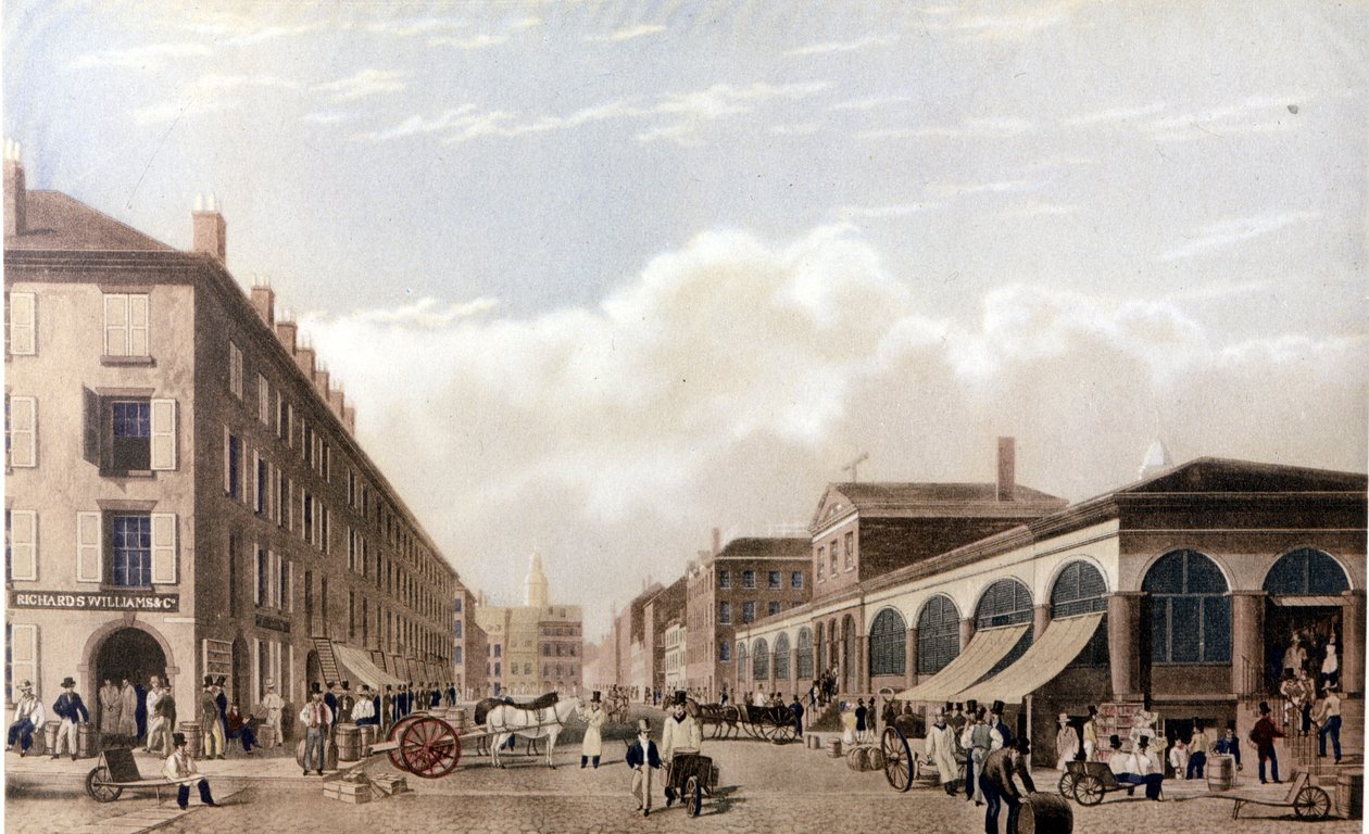 Pohled na New York: Trh na Fulton Street. SD litografie kolem poloviny 19. století. od Unknown artist