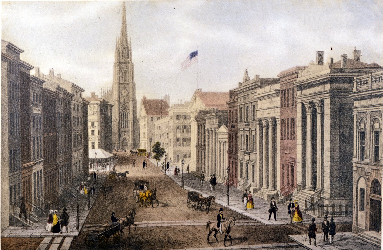 Pohled na New York: Pohled z Wall Street na William Street. Litografie sd. kolem poloviny 19. století. od Unknown artist
