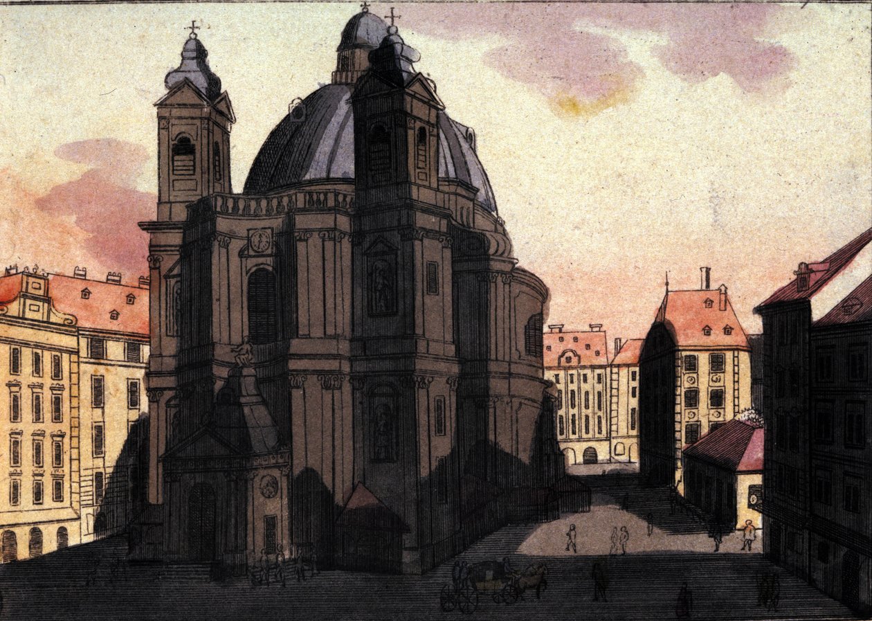 Pohled na náměstí svatého Petra a kostel ve Vídni, Rakousko Rytina z roku 1820 od Unknown artist