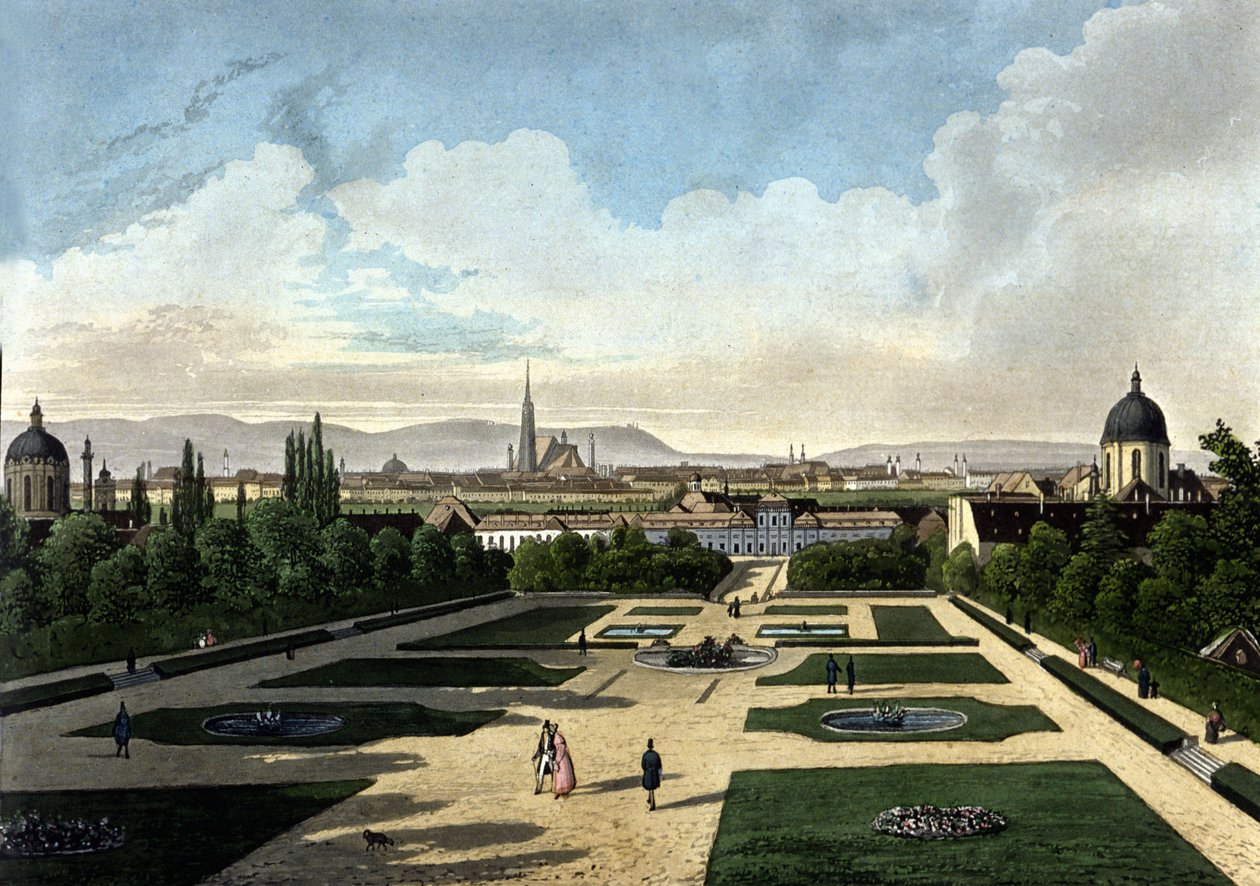 Pohled na vídeňský Belvedere, rakouský barokní palác postavený Eugenem de Savoye. Litografie 19. století od Unknown artist