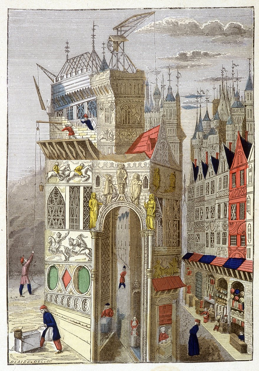Pohled na rue de Paris v 15. století s hrázděnými domy a rozestavěným kostelem. od Unknown artist