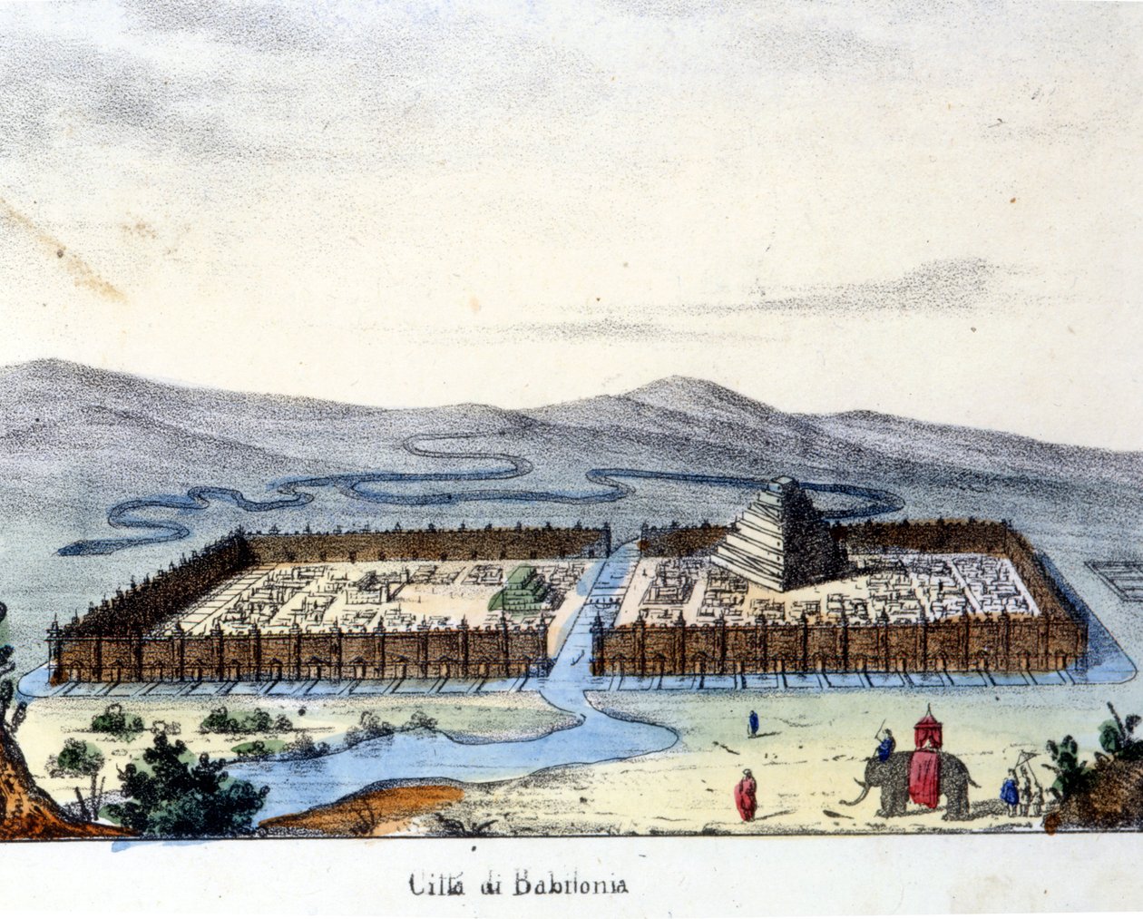 Pohled na starověký Babylon: uprostřed chrám a visuté zahrady. Hořící sd. počátku 19. století. od Unknown artist