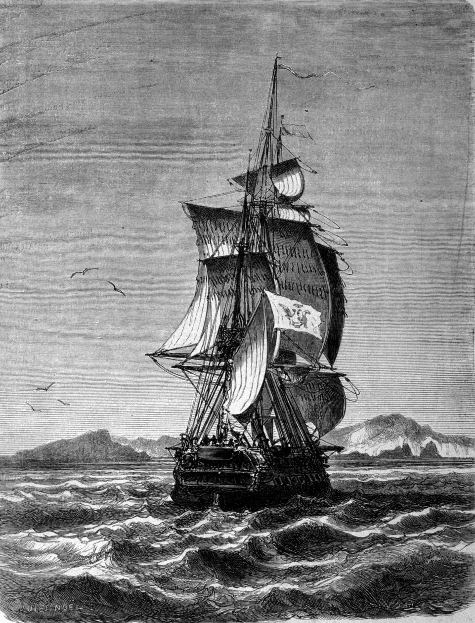 Pohled na rakouskou fregatu Novara před ostrovem svatého Pavla v Indickém oceánu v roce 1857. Rytina 19. stol. od Unknown artist