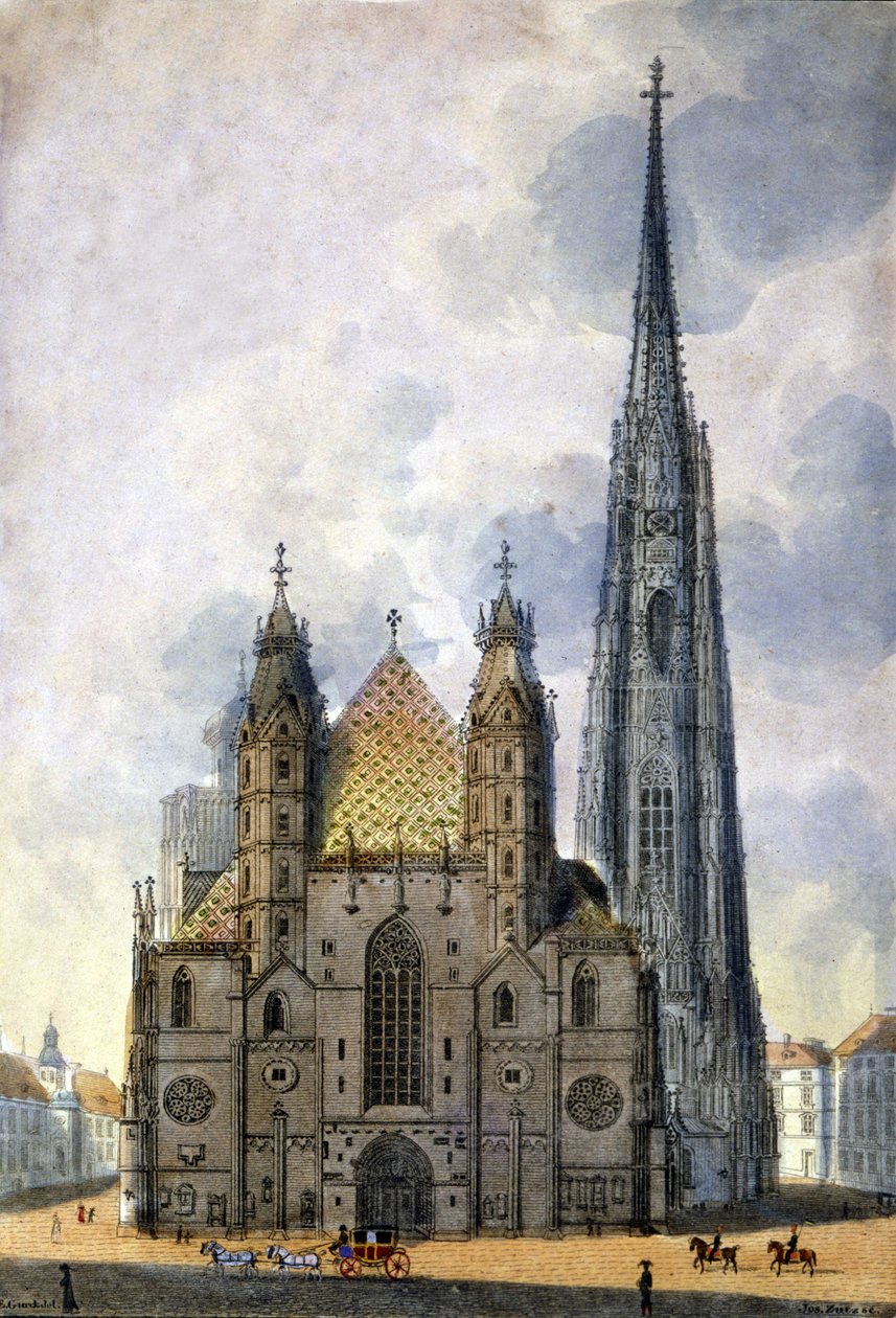 Pohled na katedrálu svatého Štěpána (St. Stephen nebo Stephansdom nebo St. Stephane nebo St. Stephan Kirche) z Vídně v Rakousku na konci 18. století. od Unknown artist