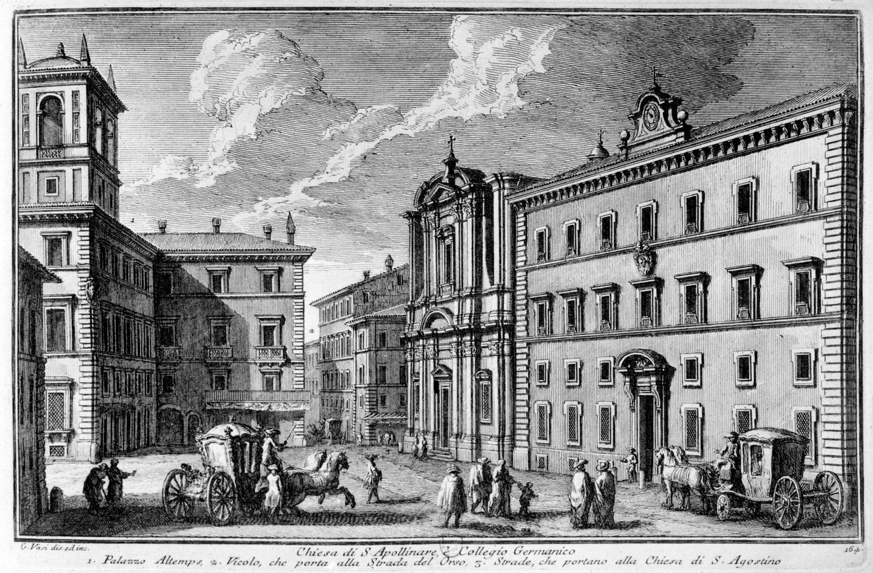 Pohled na kostel sv. Apolináře a Germánskou kolej (Collegio Germanico) v Římě na konci 18. století. od Unknown artist